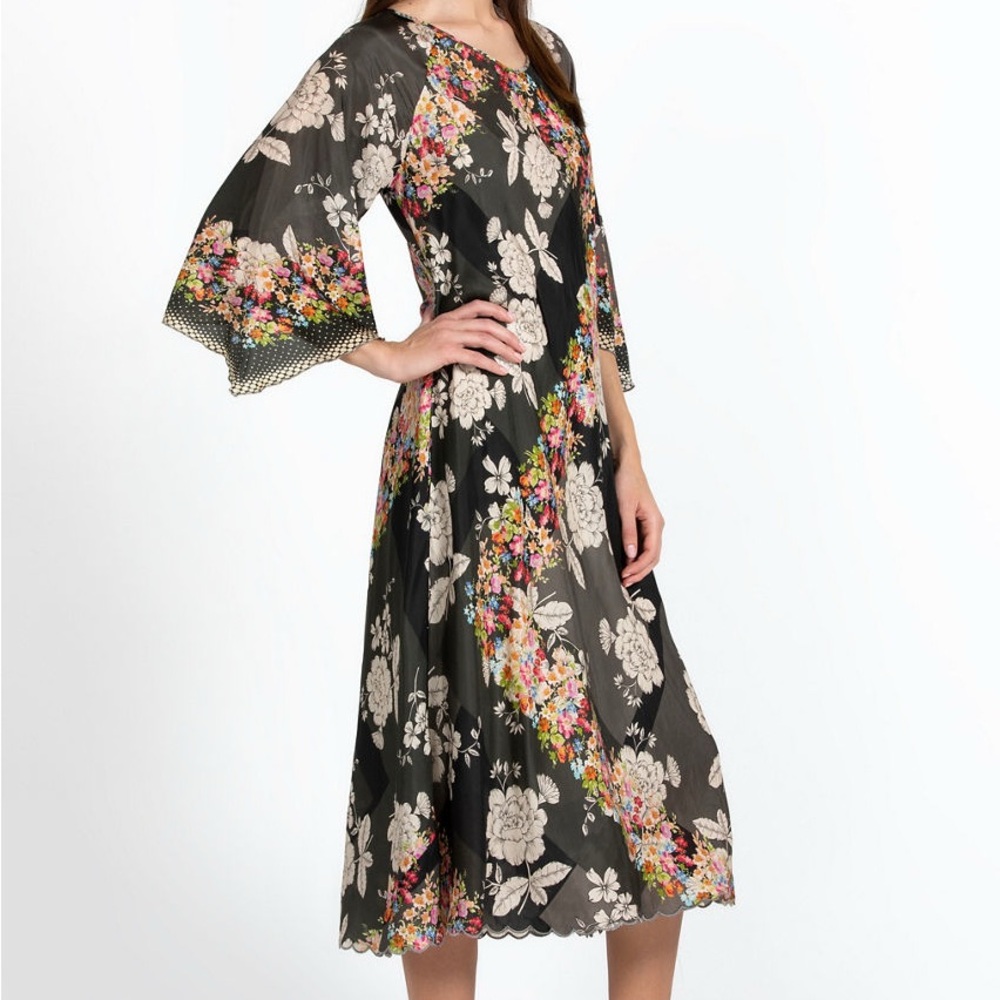 Johnny Was Black and Pink Bell Sleeve Midi Dress